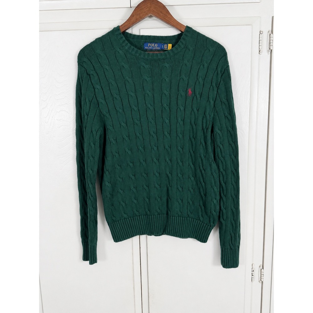 Polo Ralph Lauren Men Small Cable Knit Cotton Sweater Hunter Green Red Pony Logo